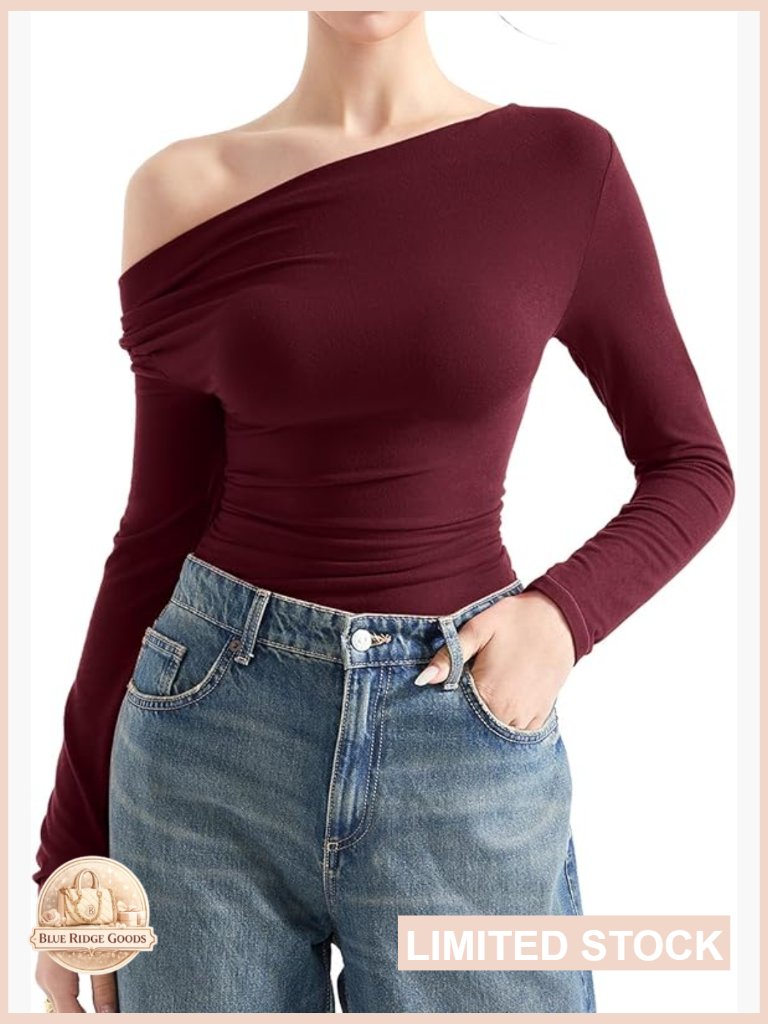 Long Sleeve Off Shoulder Cowl Neck Top Stretchy Going Out Shirt Fall Trendy